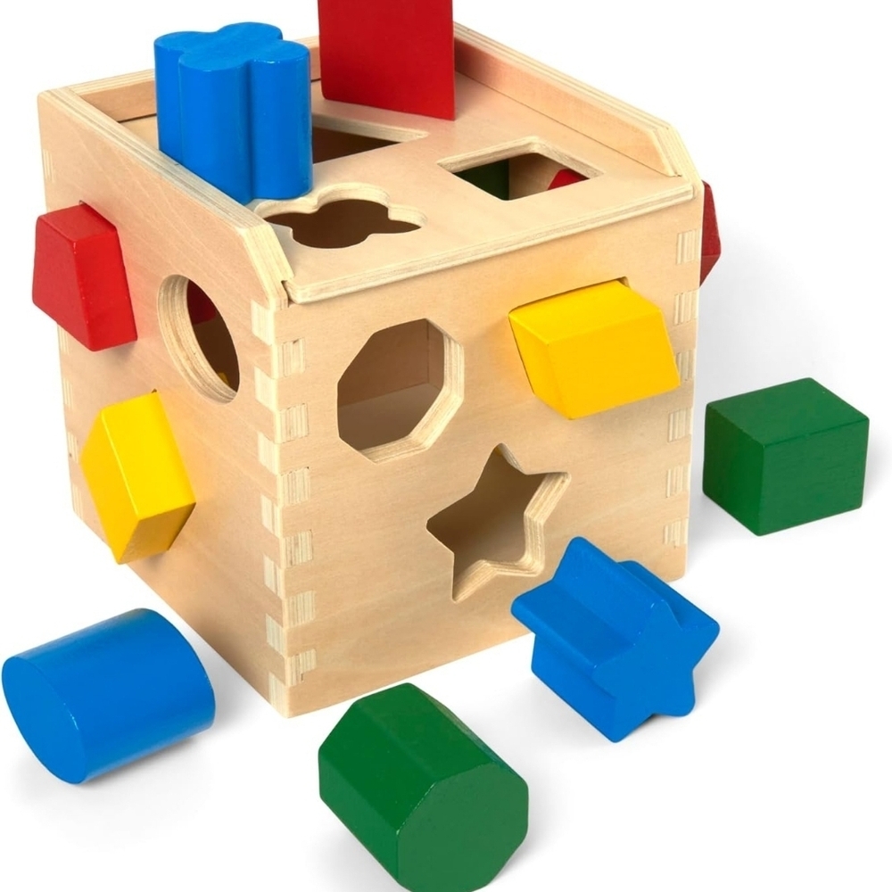 Melissa & Doug Shape Sorting Cube - Classic Wooden Toy with 12 Shapes and case